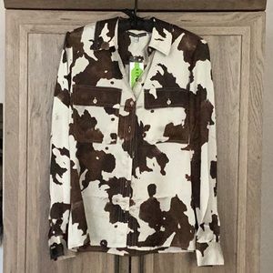 GUESS CHOCOLATE BROWN/WHITE SILKY LONG SLEEVE COWGIRL BLOUSE